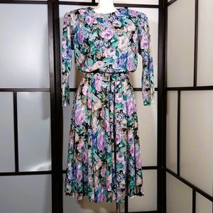 Vintage Mid-80s SL Fashions Green & Pink Floral Blouson Dress